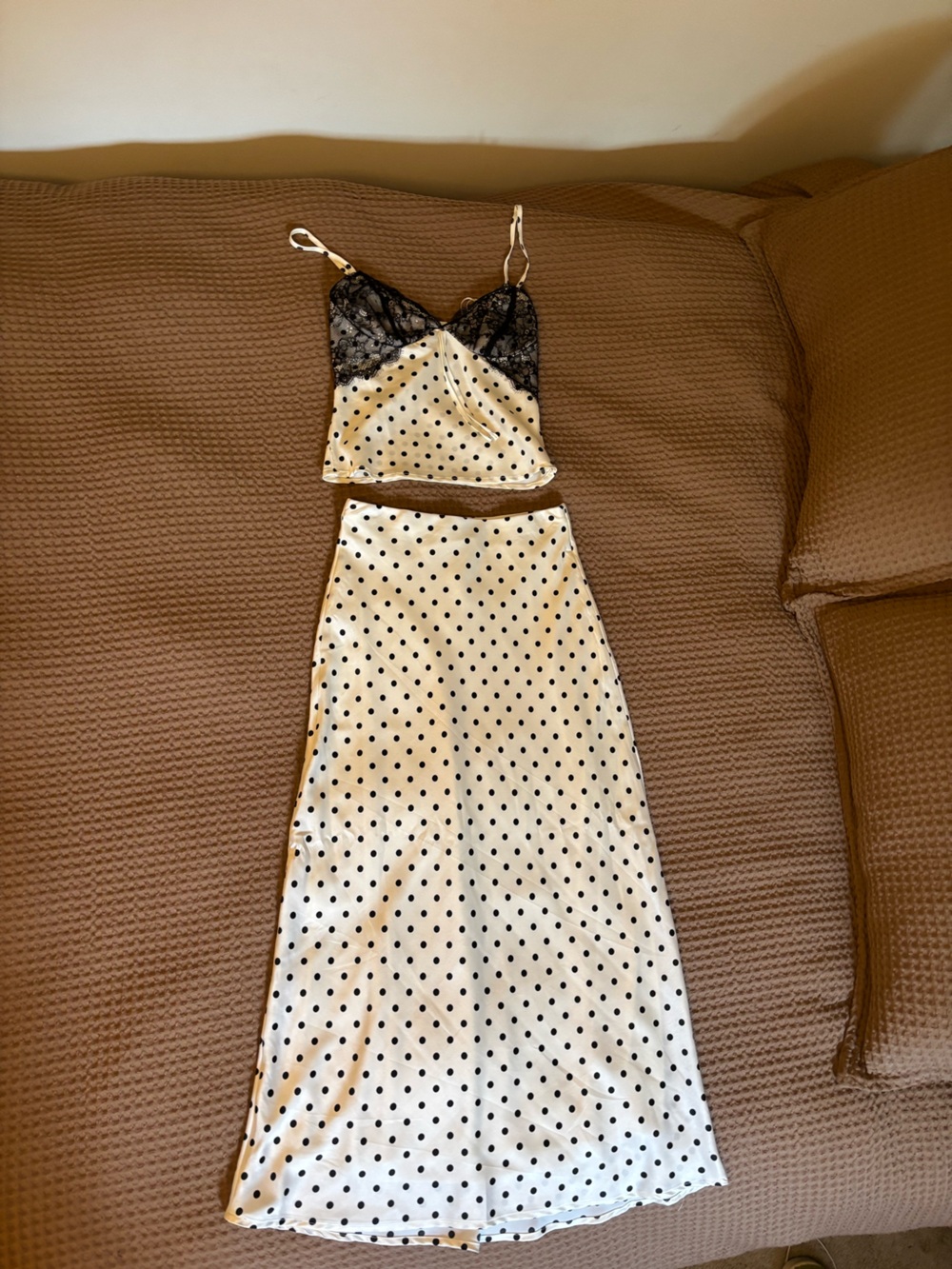 Polka Dot Satin Two-Piece Dress with Black Lace Trim - White/Black